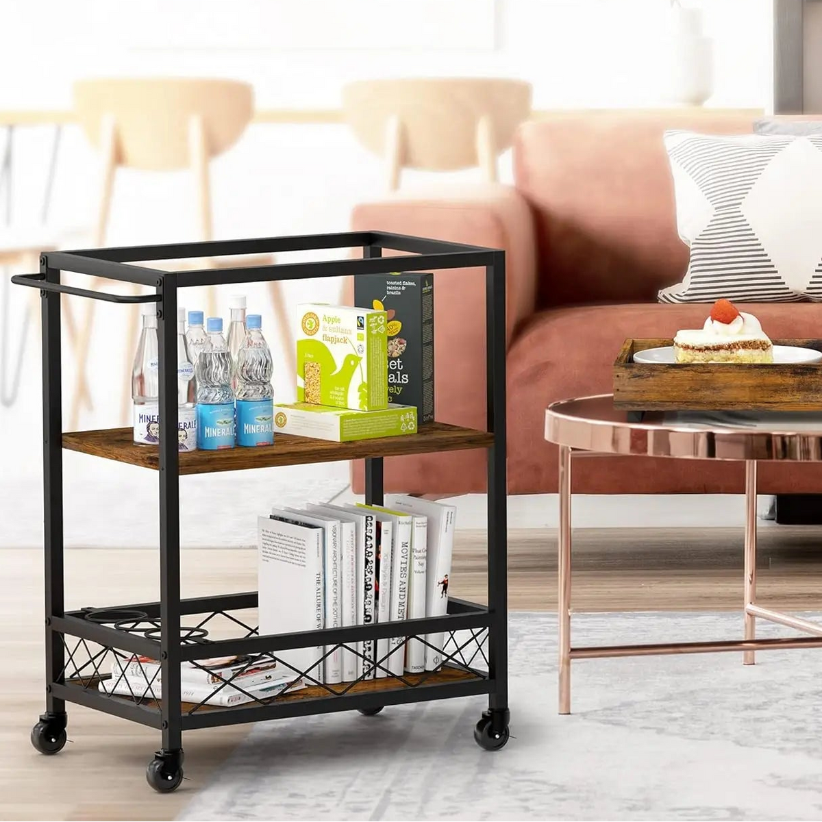 3-Tier Industrial Bar Cart with Removable Tray