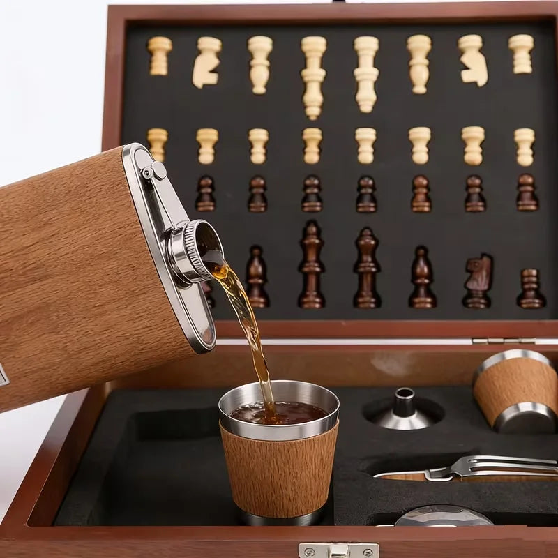 Stainless Steel Hip Flask Gift Set in Wooden Box