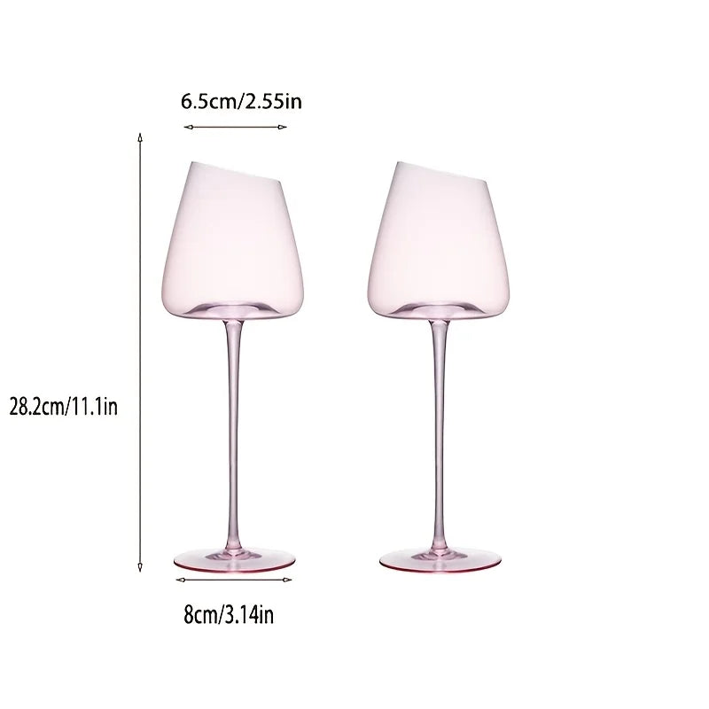 Pink Crystal Wine Glasses, Set of 2, Slanted Mouth
