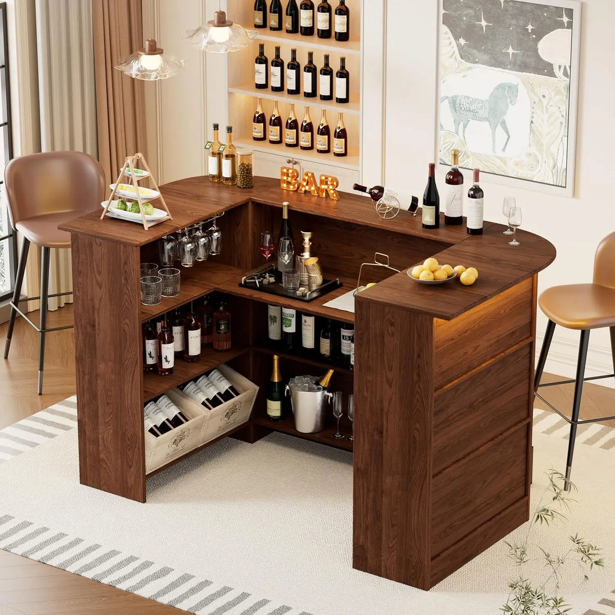 U-Shaped Drinks Cabinet, Liquor Table with LED Lighting