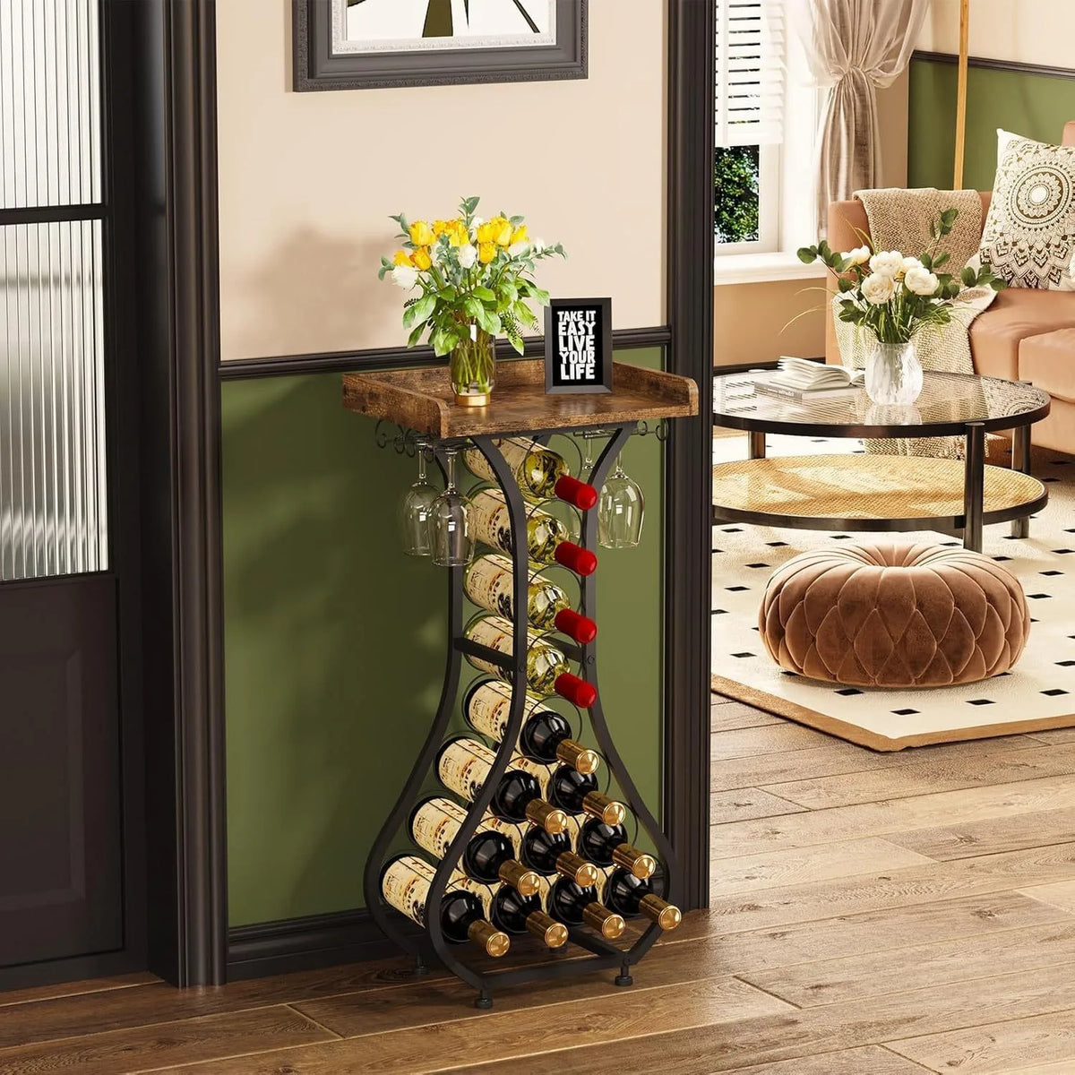 Freestanding Wine Rack Table with Glass Holder