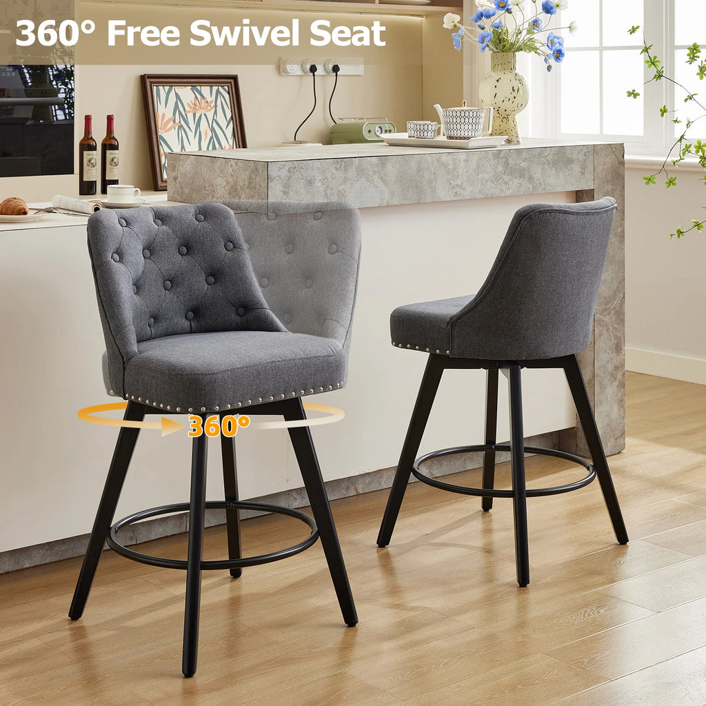 Hampstead Swivel Bar Stools Set of 2, Wooden Legs, Upholstered