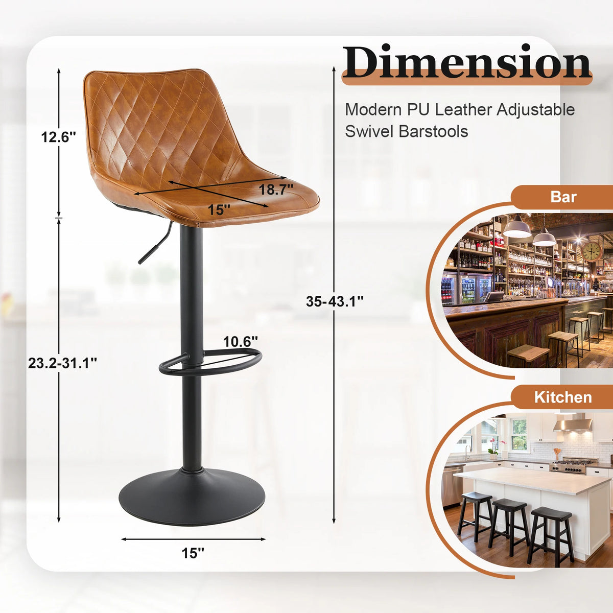 Chelsea Swivel Bar Stools Set of 2, Faux Leather, Height Adjustable