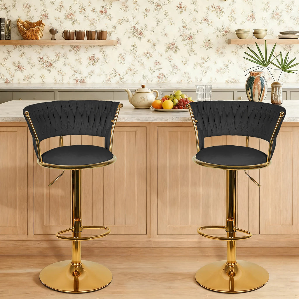 Notting Hill Swivel Velvet Bar Stools Set of 2, Woven Back, Gold Base