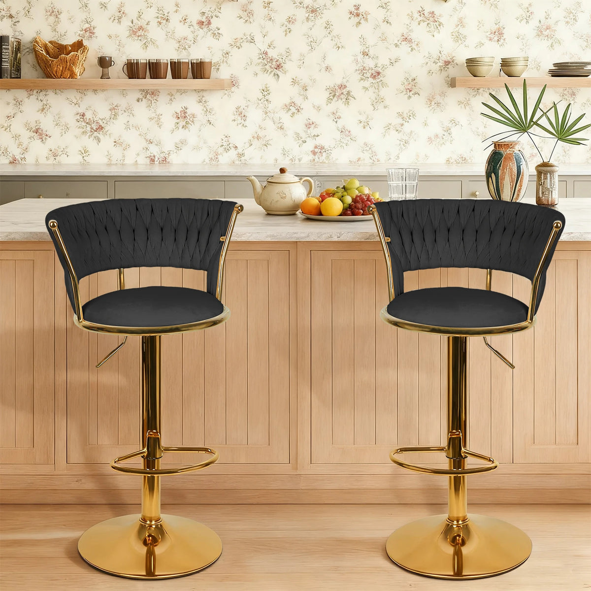 Notting Hill Swivel Velvet Bar Stools Set of 2, Woven Back, Gold Base
