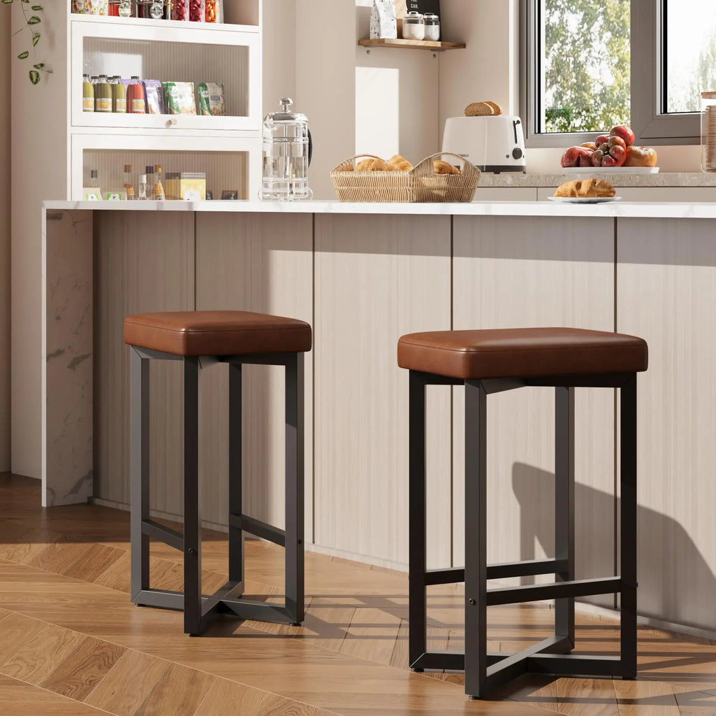 Backless Bar Stools Set of 2, PU Leather, 62.5cm