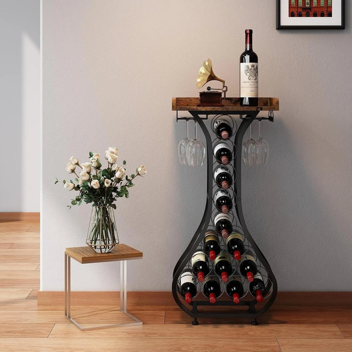 Freestanding Wine Rack Table with Glass Holder