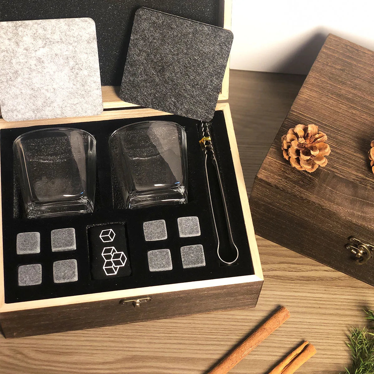 Whisky Gift Set: 2 Glasses, 8 Granite Stones, Wooden Box