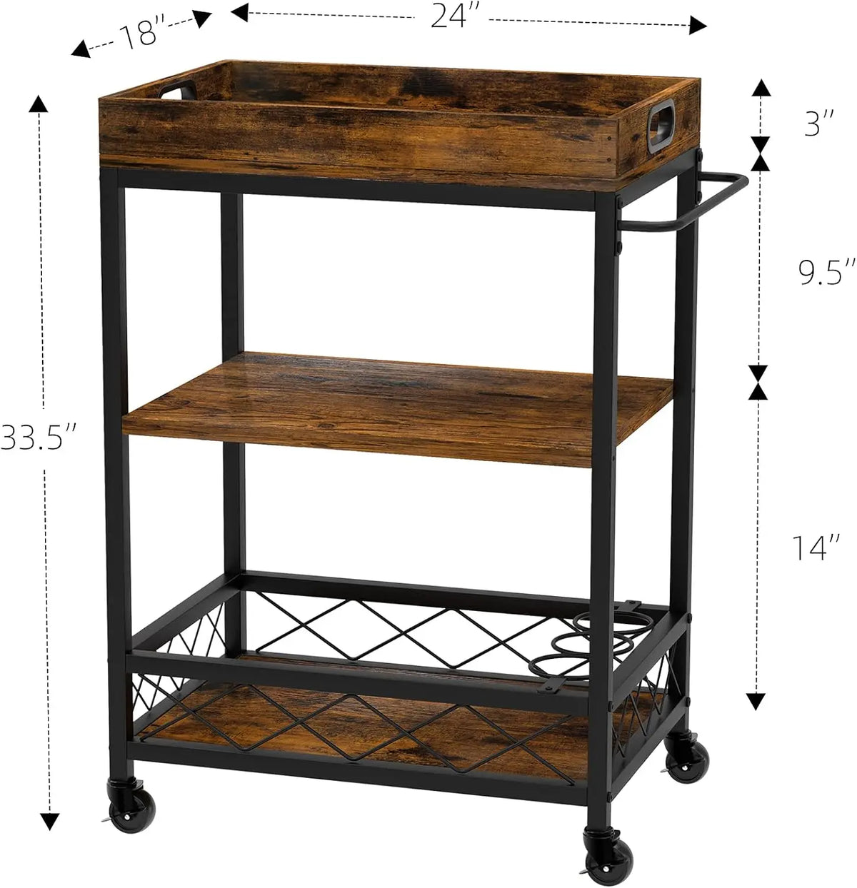 3-Tier Industrial Bar Cart with Removable Tray