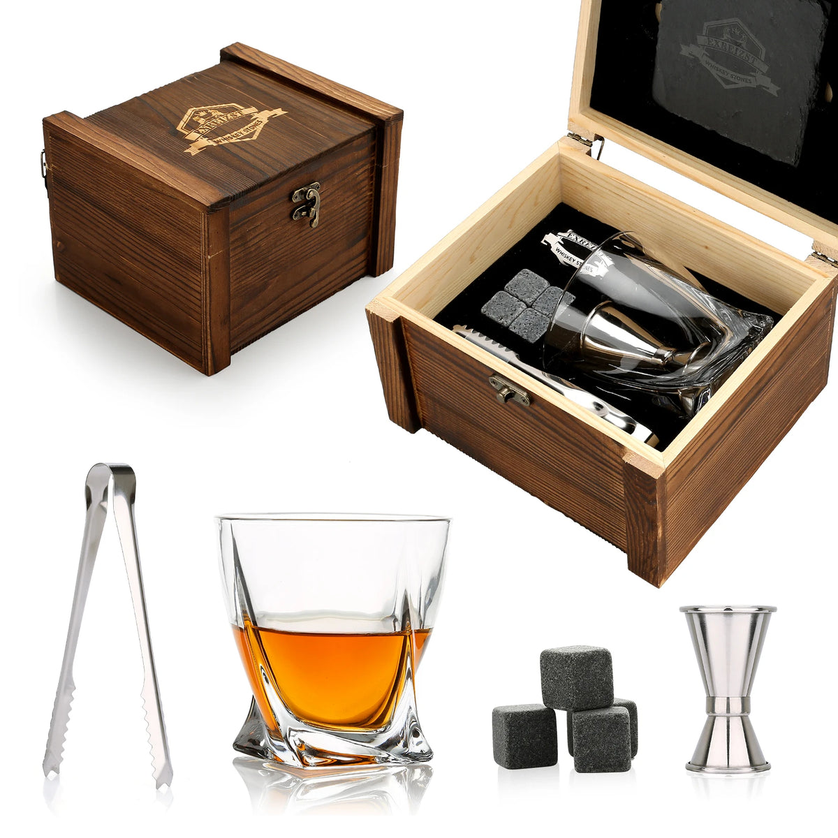 Granite Whisky Stones and Glasses Gift Set, Wooden Box