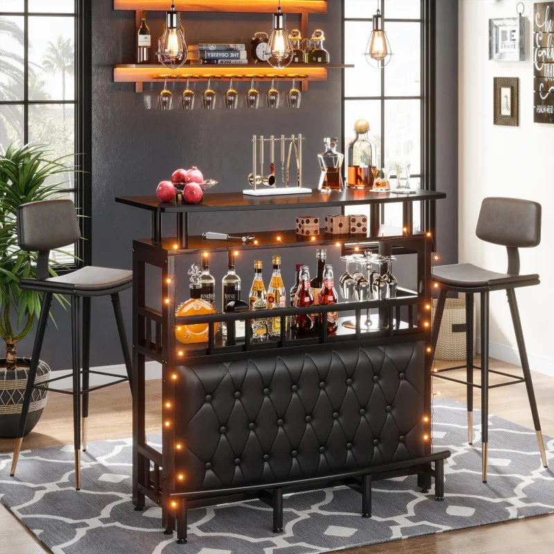 Holborn Drinks Cabinet, 3-Tier Liquor Bar Counter, Black
