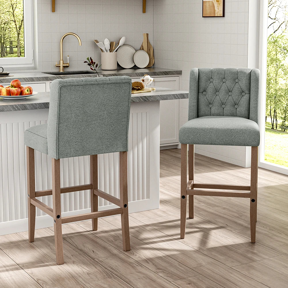Rustic Bar Stools Set of 2, Linen, Wood Legs