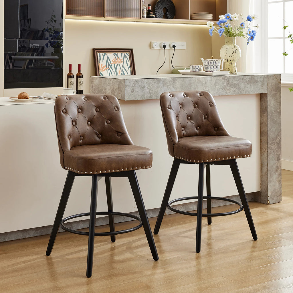 Hampstead Swivel Bar Stools Set of 2, Wooden Legs, Upholstered