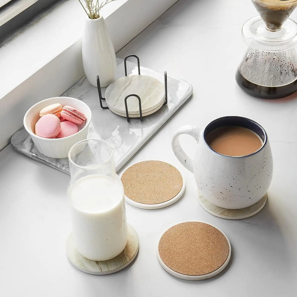 Marble-Style Coaster Set with Holder, 6 Pieces