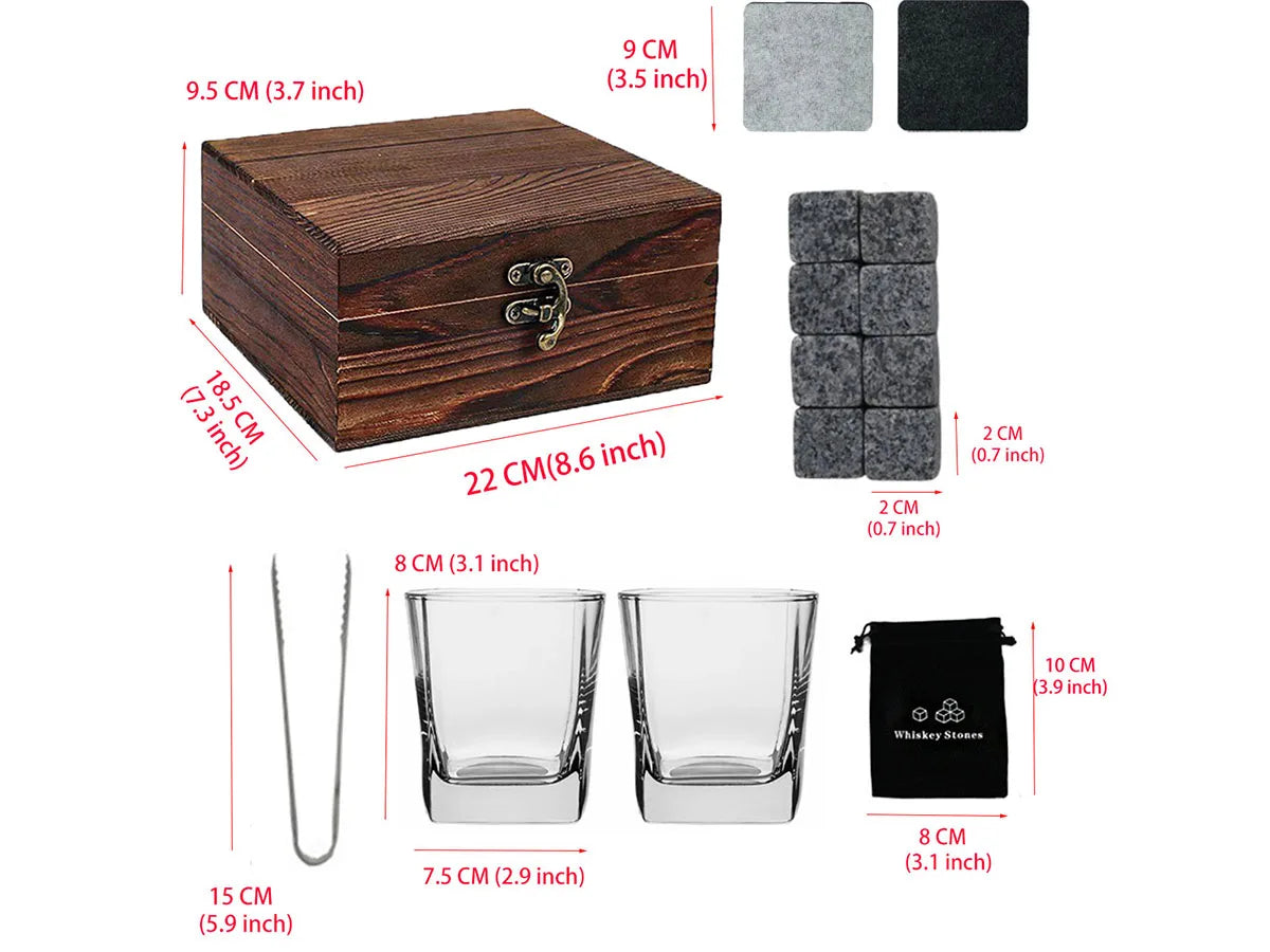 Whisky Gift Set: 2 Glasses, 8 Granite Stones, Wooden Box