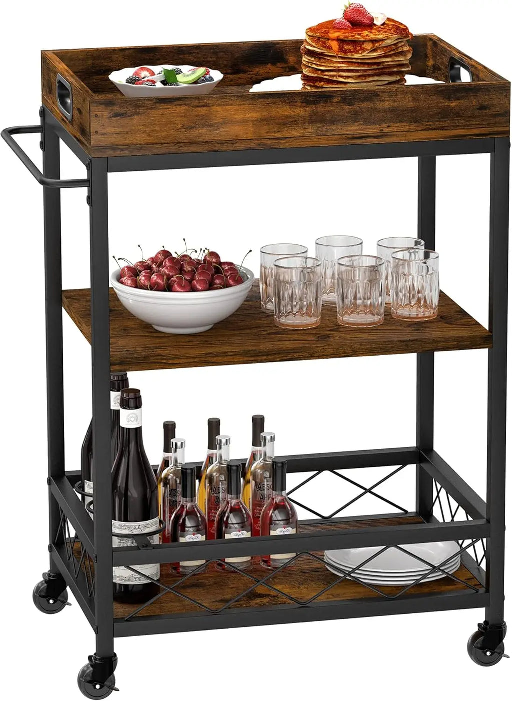 3-Tier Industrial Bar Cart with Removable Tray