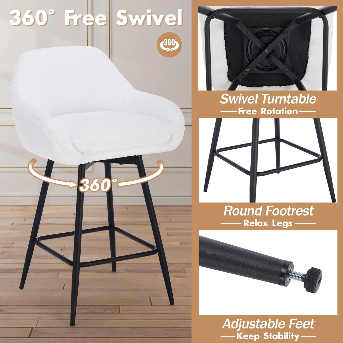 Clapham Teddy Velvet Swivel Bar Stools Set of 2, Armrests, Metal Base