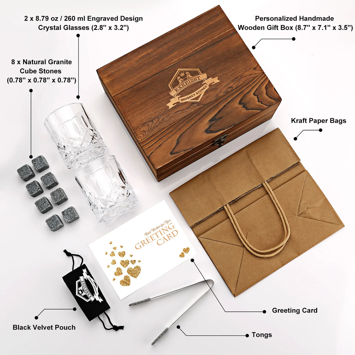 Granite Whisky Stones and Glasses Gift Set, Wooden Box