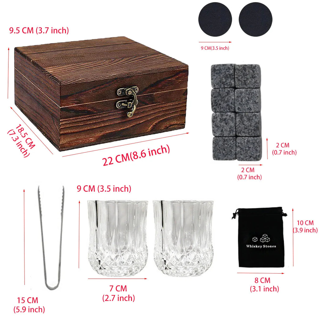 Whisky Gift Set: 2 Glasses, 8 Granite Stones, Wooden Box