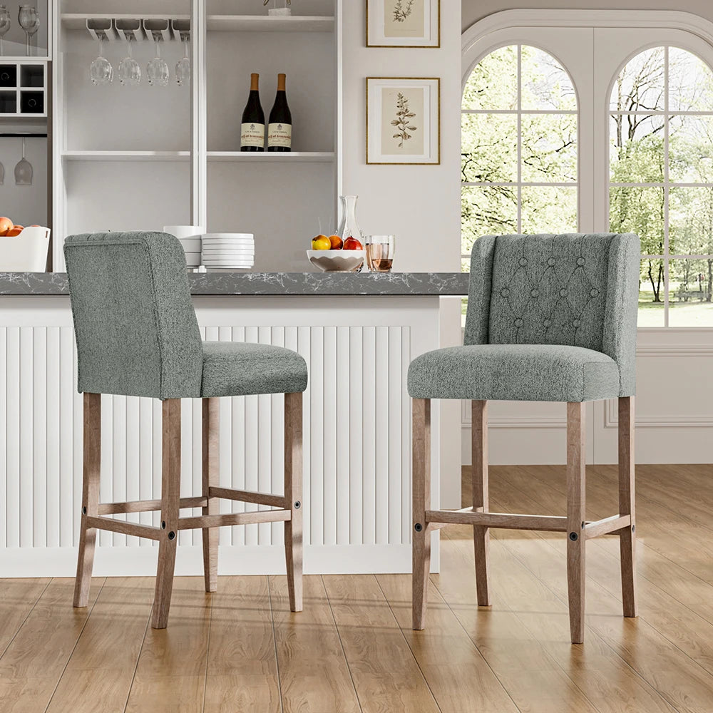 Rustic Bar Stools Set of 2, Linen, Wood Legs
