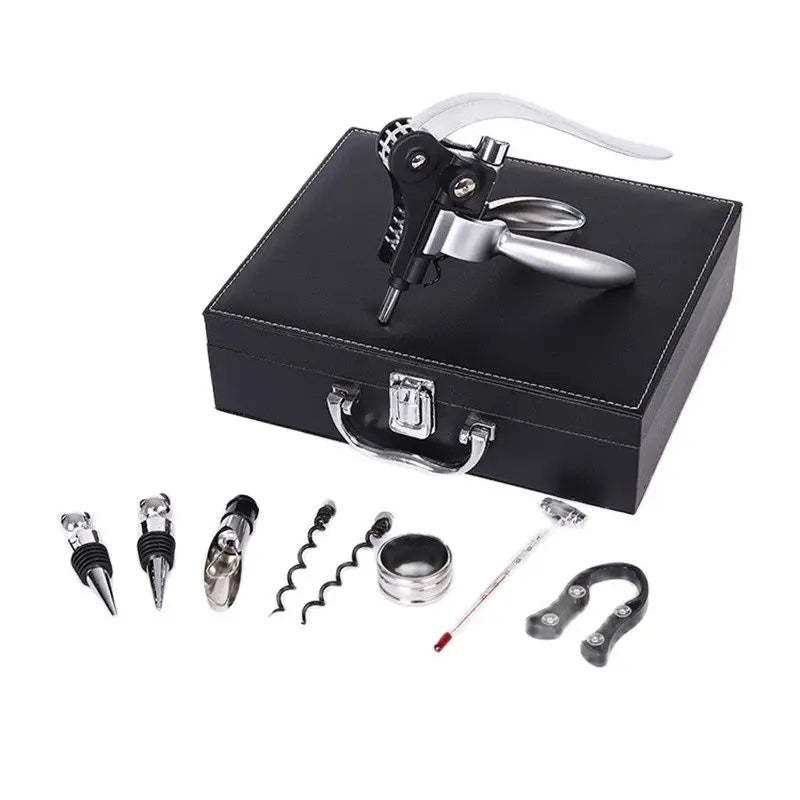 Wine Corkscrew Set, Wooden Leather Box
