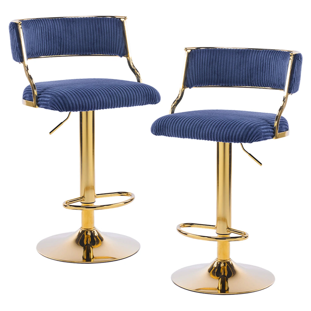 Corduroy Swivel Bar Stools Set of 2, Gold Base, Blue