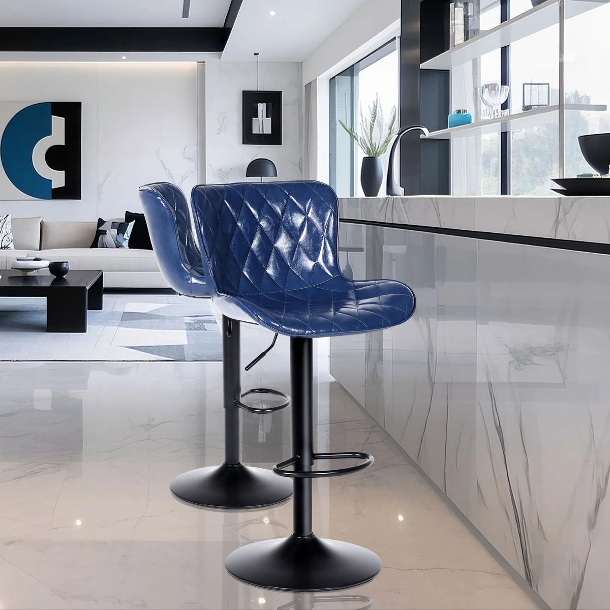 Windsor Bar Stools Set of 3, Waterproof Leather, Blue