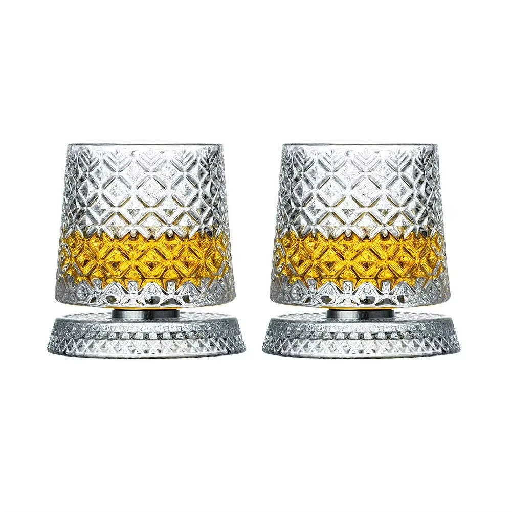 Rotating Whiskey Glasses, Glass Base, Set of 2