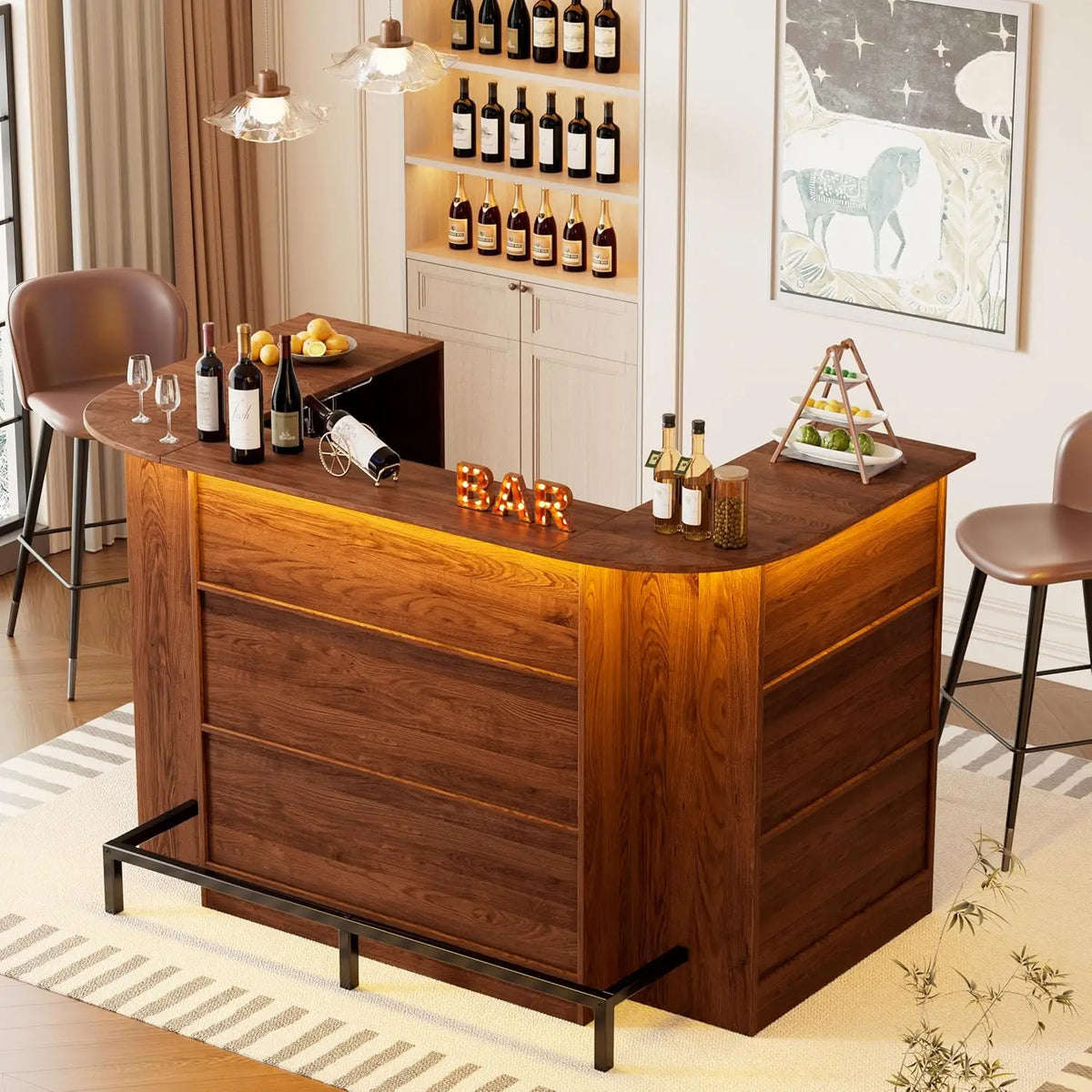 U-Shaped Drinks Cabinet, Liquor Table with LED Lighting