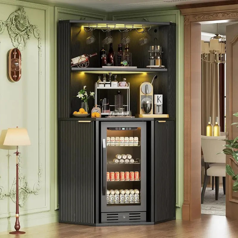 Corner Drinks Cabinet, Fluted Bar Glassware Storage
