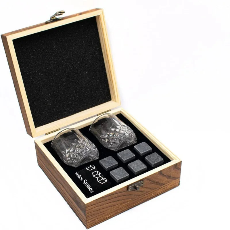 Granite Whisky Stone and Glass Set in Wooden Bottle Box