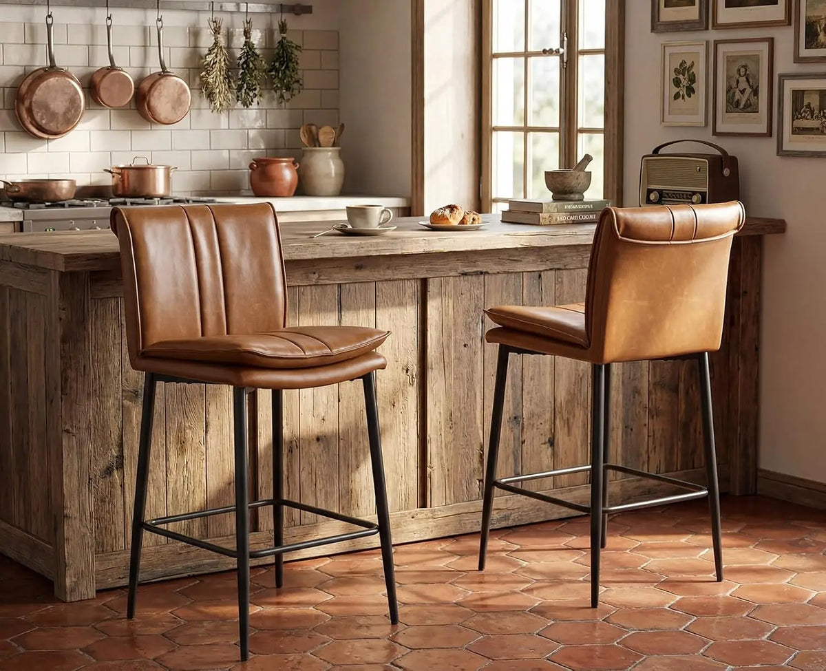 Marylebone Retro Bar Stools Set of 2, PU Leather, Brown