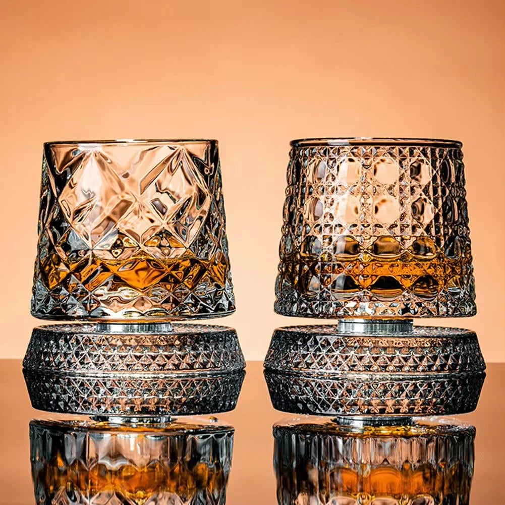 Rotating Whiskey Glasses, Glass Base, Set of 2