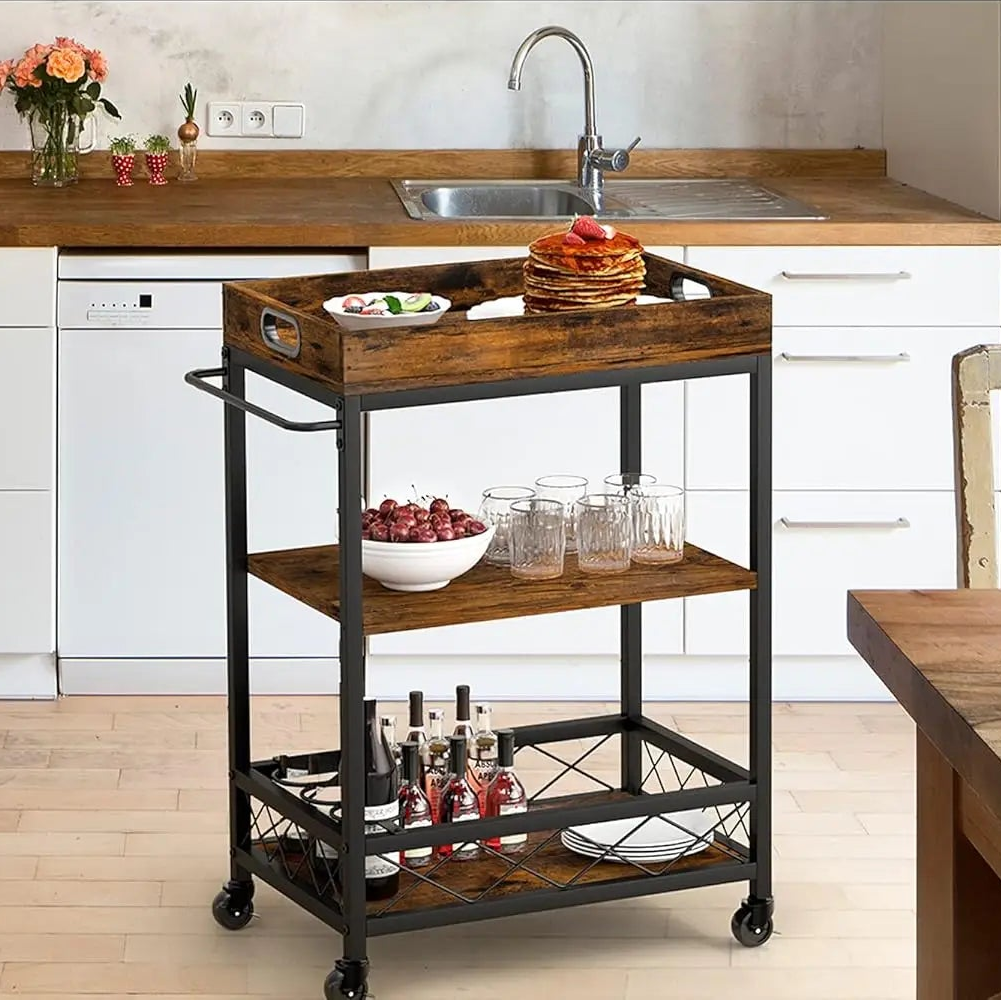 3-Tier Industrial Bar Cart with Removable Tray