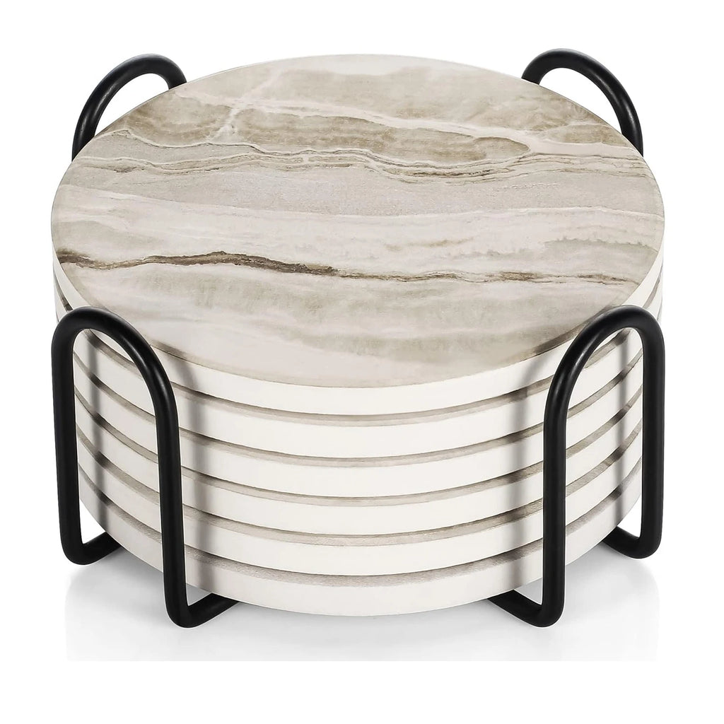 Marble-Style Coaster Set with Holder, 6 Pieces