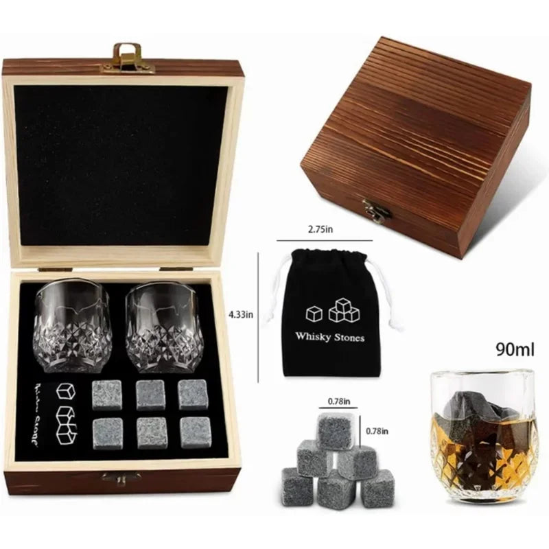 Granite Whisky Stone and Glass Set in Wooden Bottle Box