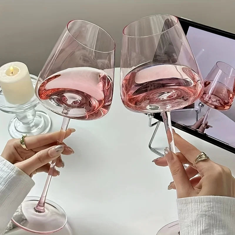 Pink Crystal Wine Glasses, Set of 2, Slanted Mouth