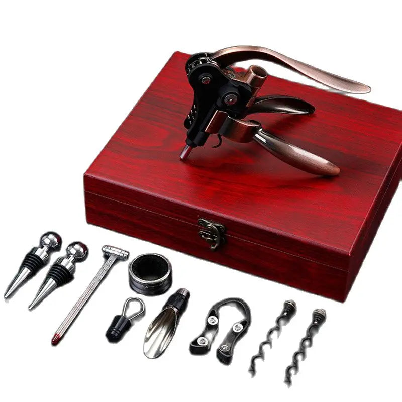 Wine Corkscrew Set, Wooden Leather Box