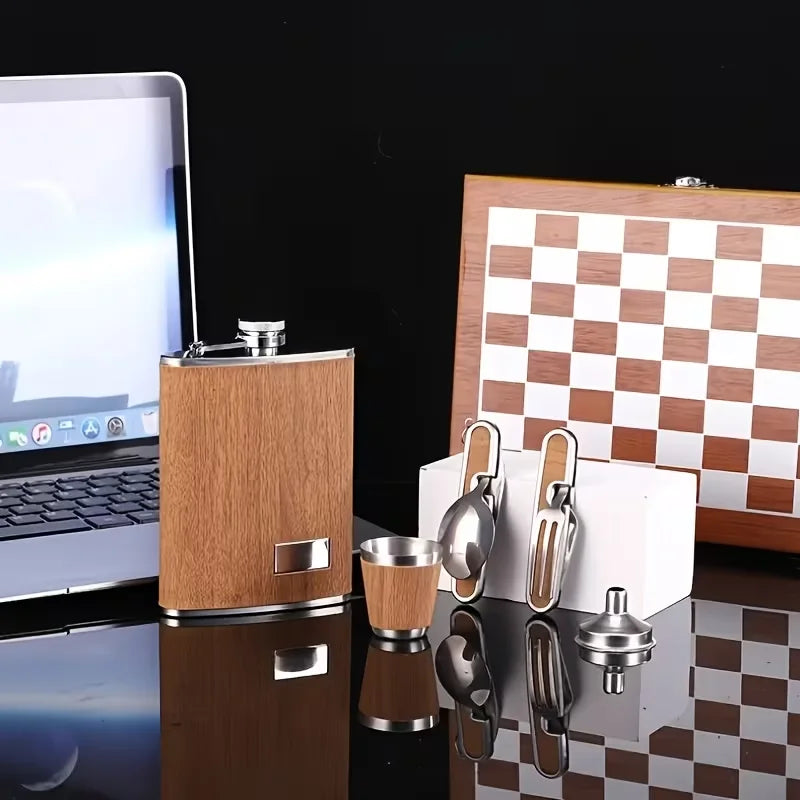 Stainless Steel Hip Flask Gift Set in Wooden Box