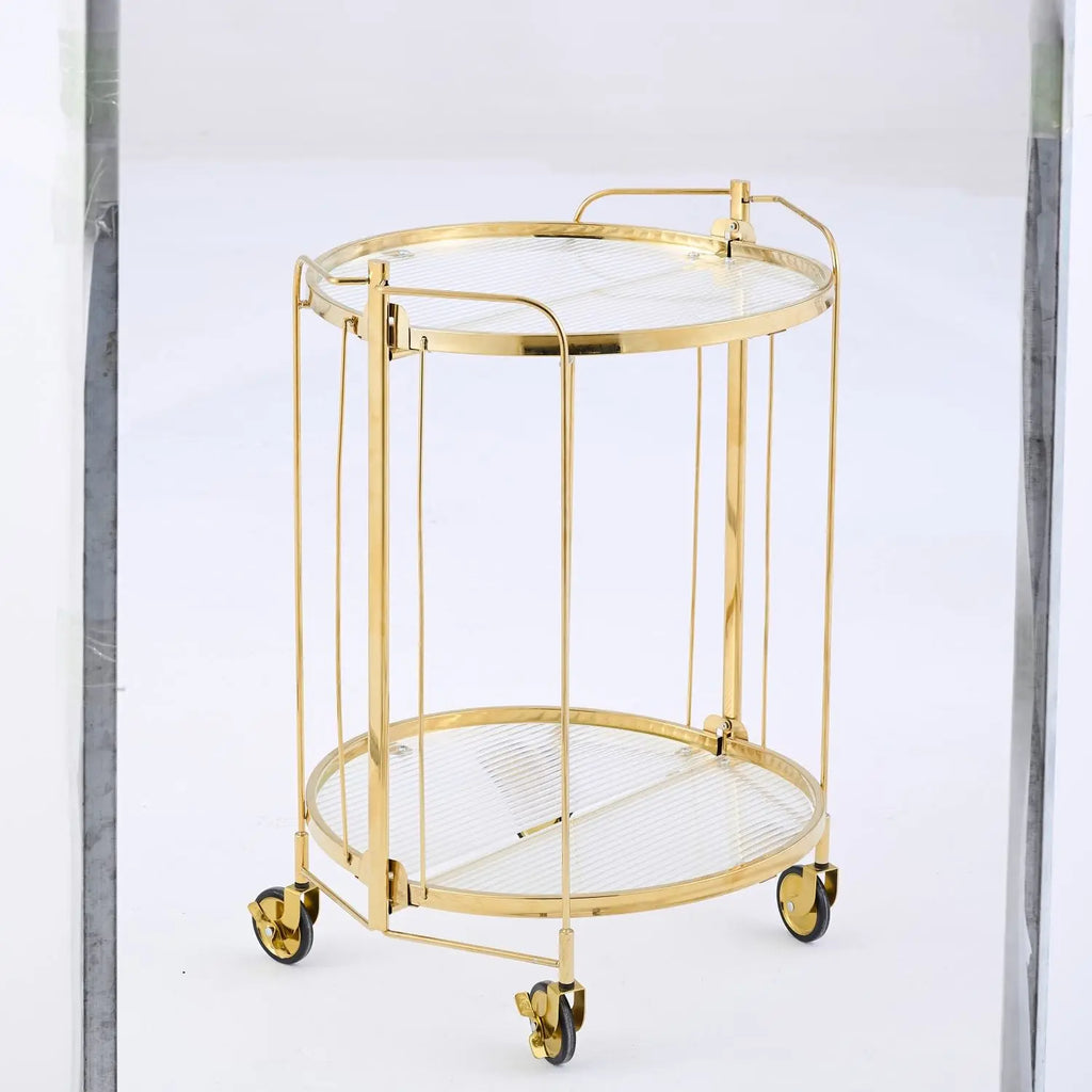 Foldable Round Drinks Trolley with Glass Shelves, Gold or Silver