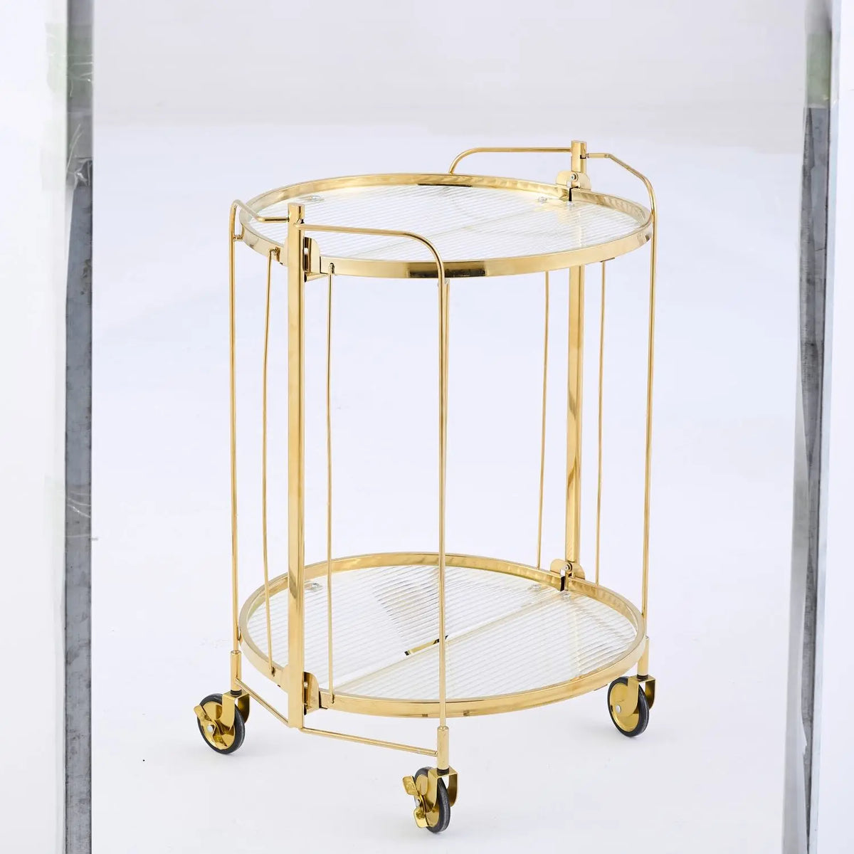 Foldable Round Drinks Trolley with Glass Shelves, Gold or Silver
