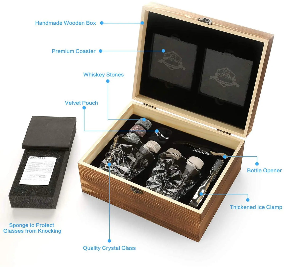 Granite Whisky Stones and Glasses Gift Set, Wooden Box