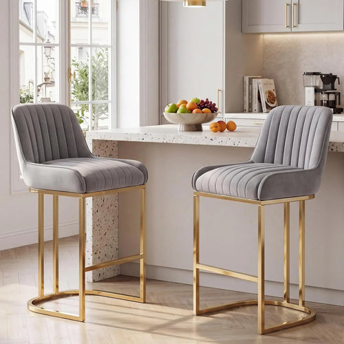 Brixton Grey Velvet Bar Stools Set of 2, High Back, Gold Metal Frame