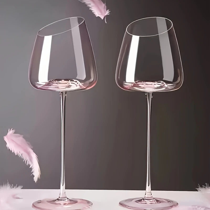 Pink Crystal Wine Glasses, Set of 2, Slanted Mouth
