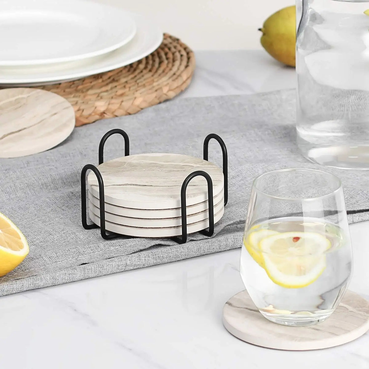 Marble-Style Coaster Set with Holder, 6 Pieces