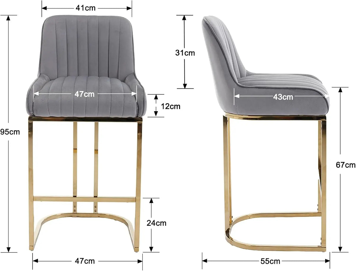 Brixton Grey Velvet Bar Stools Set of 2, High Back, Gold Metal Frame