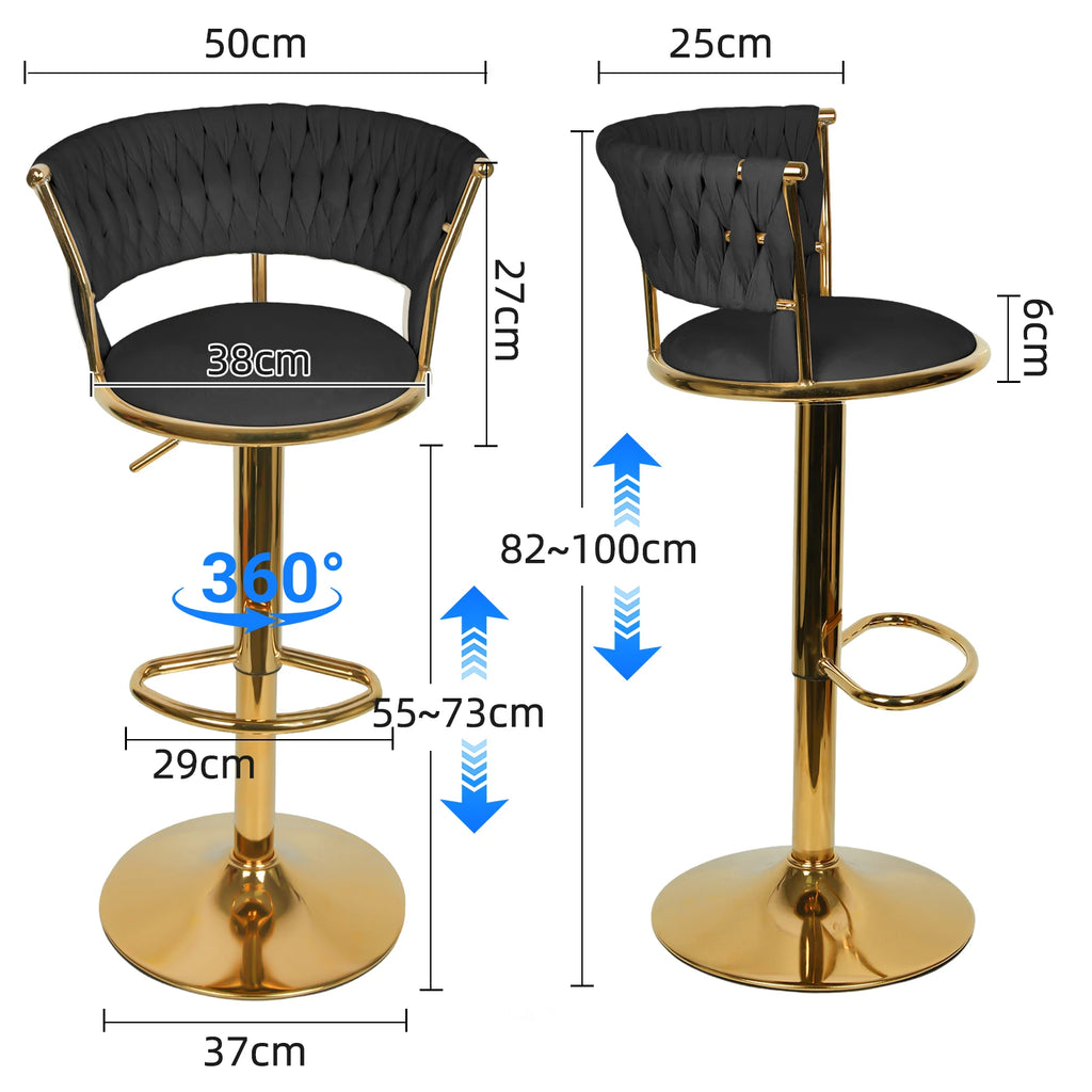 Notting Hill Swivel Velvet Bar Stools Set of 2, Woven Back, Gold Base