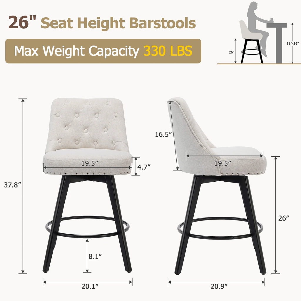 Hampstead Swivel Bar Stools Set of 2, Wooden Legs, Upholstered