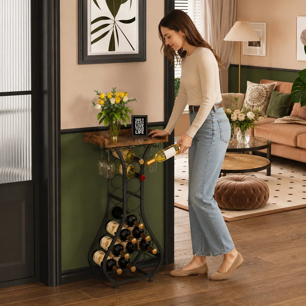 Freestanding Wine Rack Table with Glass Holder