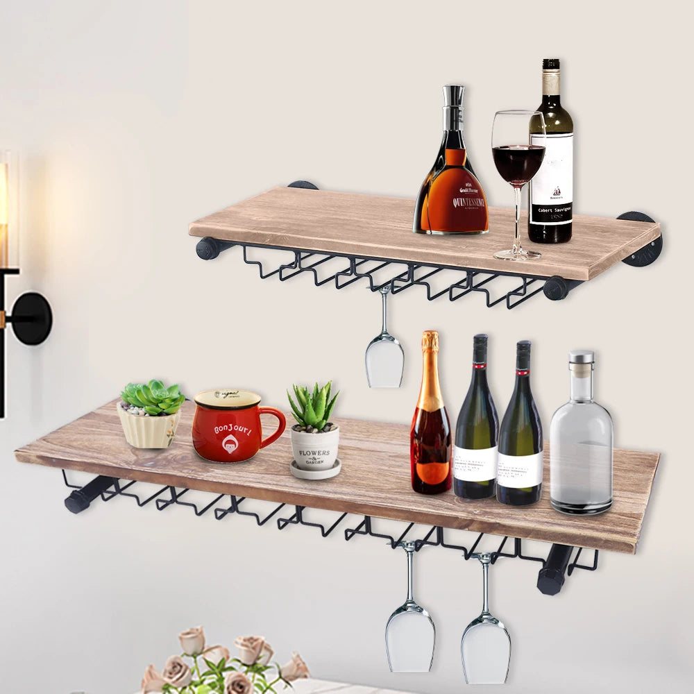 Wall-Mounted Wine Rack with Stemware Holder, Pine and Iron